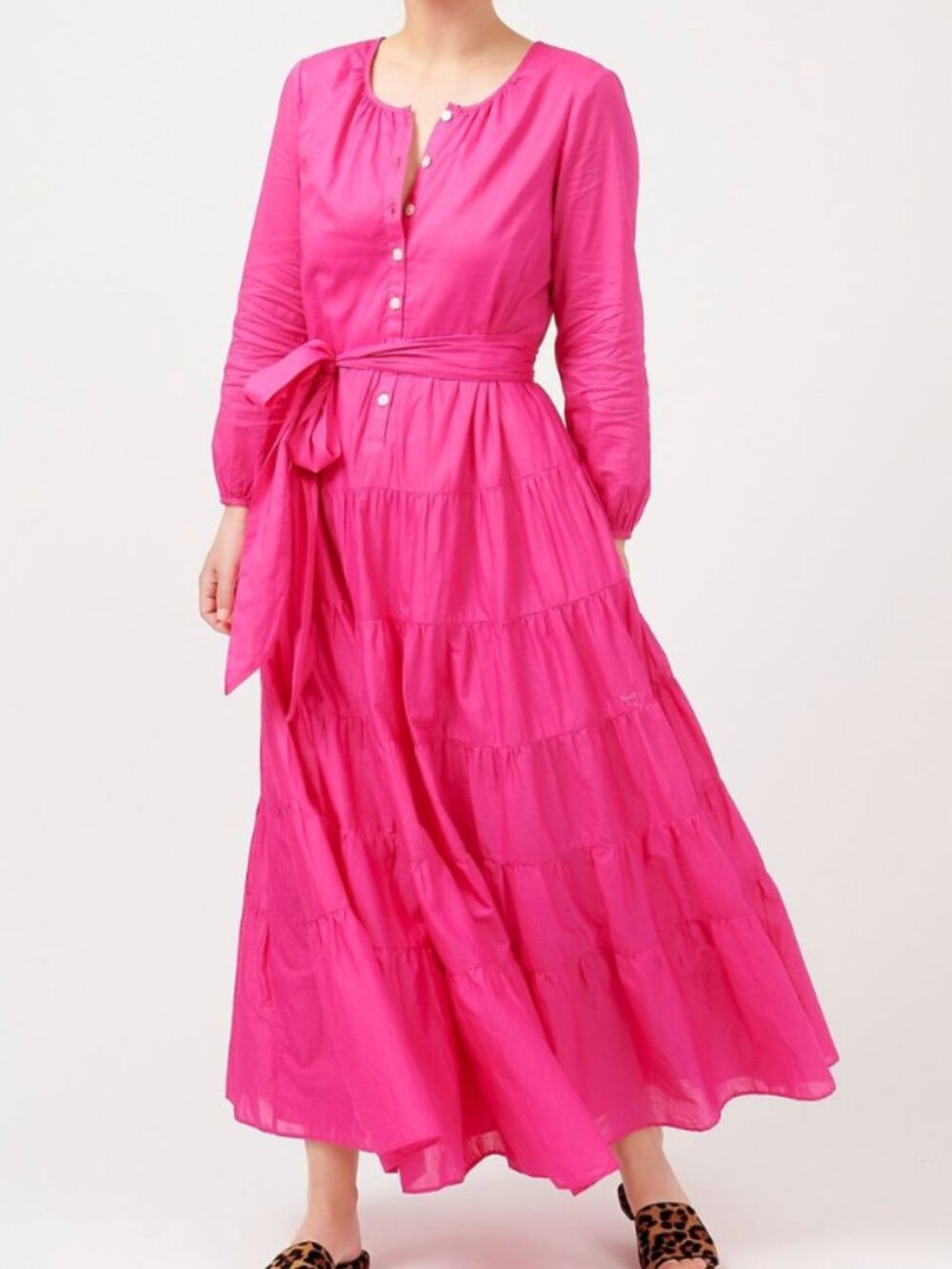 NWT Sz M J.Crew Belted Button-up Maxi Tiered Cotton Dress Neon Flamingo Pink